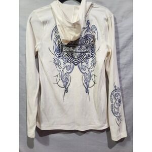 Harley-Davidson Thermal Logo Hoodie Womens L Cream Blue Tribal Rhinestone Henley